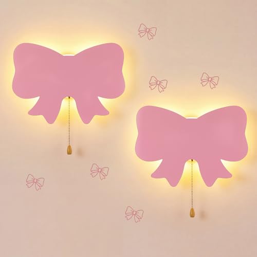 2 Pcs Pink Bow Night Light for Girls Cute Floating LED Lamp for Kids Nursery Room Decor Battery or USB Operated Night Light for Wall Bedroom Table Office Home Decorations (2 Count)