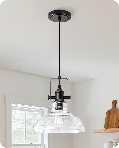 Pendant Light Kitchen Island Seeded Glass Shade Matte Black