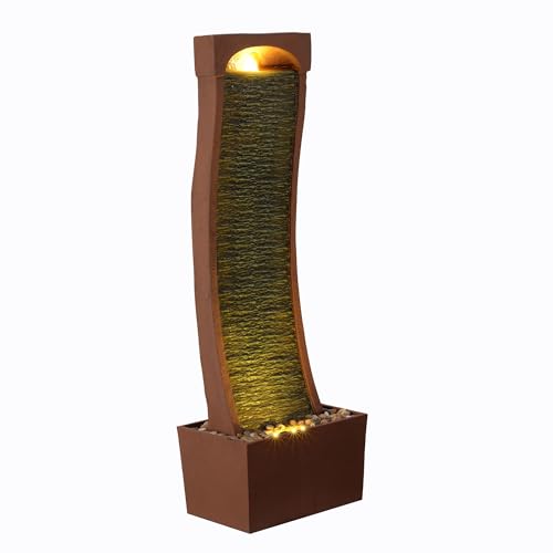 38.5" Indoor Outdoor Modern Curved Faux Slate Waterfall Fountain with LED Lights