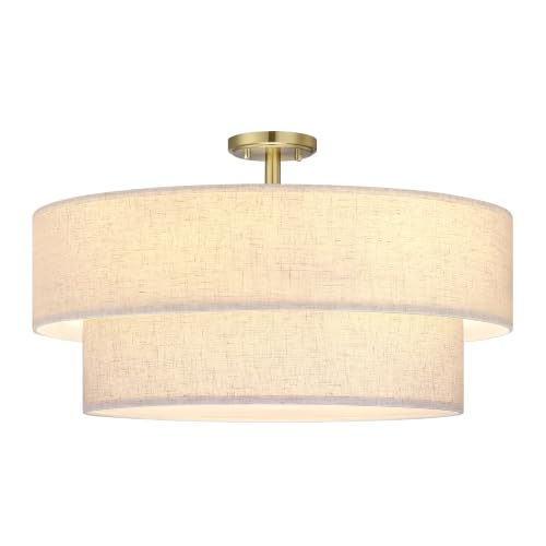 2 Tier 24" Cream Drum Fabric 5 Light Gold Semi Flush Mount Ceiling Light for Living Room Dining Room Bedroom Hallway