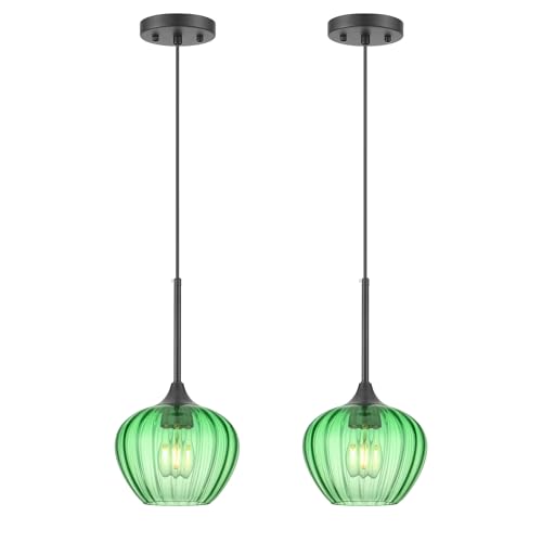 2 Pack Green Glass Pendant Lights Kitchen Island with Black Finish (2 Count)