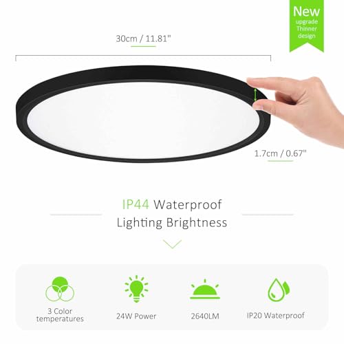 LED Flush Mount Ceiling Light 12in Thin 3CCT Black Wired
