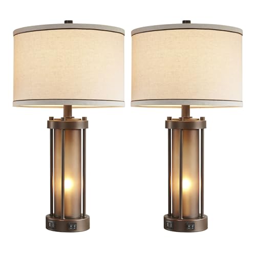 Set of 2 Farmhouse Table Lamps for Living Room with 2 USB Charging Ports (2 Count)