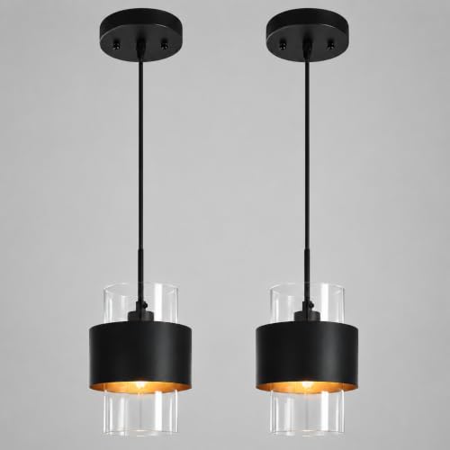 Modern Black Pendant Lighting Indoor Kitchen Island Pendant Light Glass Shade Ceiling Light Fixtures for Bedroom Dining Room Living Room (2 Count)