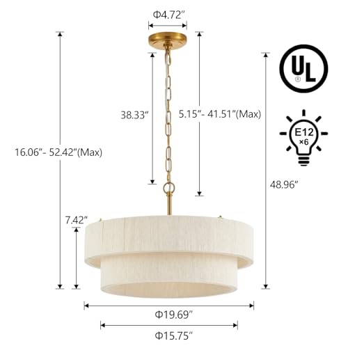 20”Hand Woven Rattan Chandelier Boho Pendant Light Adjustable Coastal Pendant Light for Kitchen Island Dining Living Room