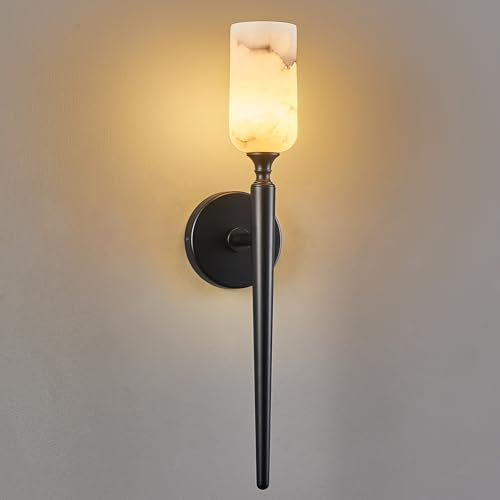 Natural Alabaster Wall Sconce Modern Black Wall Light Bathroom Sconce Wall Decor Antique Marble Sconces Wall Lighting for Bedroom Living Room Entryway Hallway Staircase
