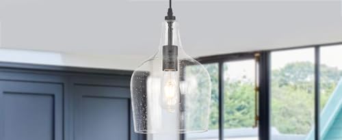 Seeded Glass Pendant Light Modern Black 1 Light Single Dome Pendent Lighting Fixtures for Kitchen Island Dining Room Hallway