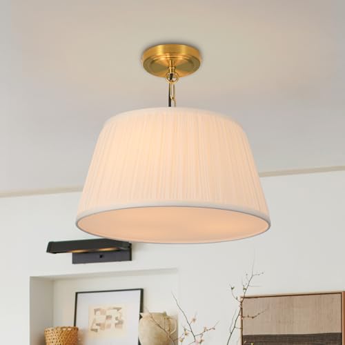 15”Dia White Pleated Fabric Drum Shade Ceiling Light Fixture