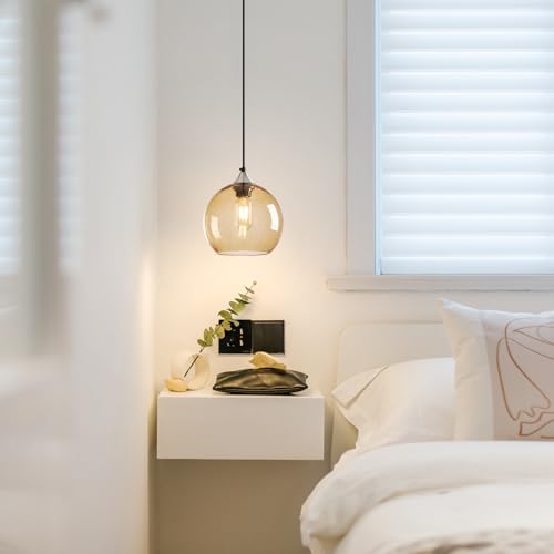 Light Brown Glass Pendant Lights Kitchen Island Lighting Globe Pendant Light Fixtures Modern Pendant Lighting for Bedroom Living Dining Room Light Fixture (2 Count)