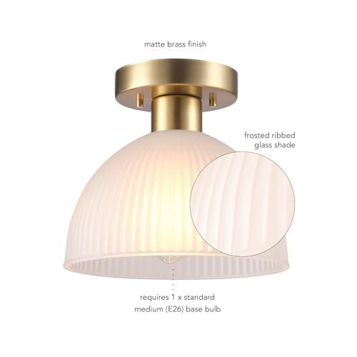 1-Light Semi-Flush Mount Ceiling Light, Matte Brass Finish, Frosted Ribbed Glass Shade, Dimmable, E26 Base, Modern Glam Design, 66000129