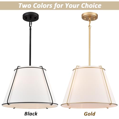 3 Light Gold Cone 16" Pendant Light Fabric Drum Shade with Metal