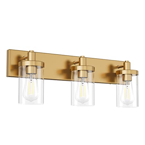 Gold Vanity Light 3 Lights Bathroom Vanity Lighting Fixtures Over Mirror Bathroom Wall Light with Clear Glass Shade
