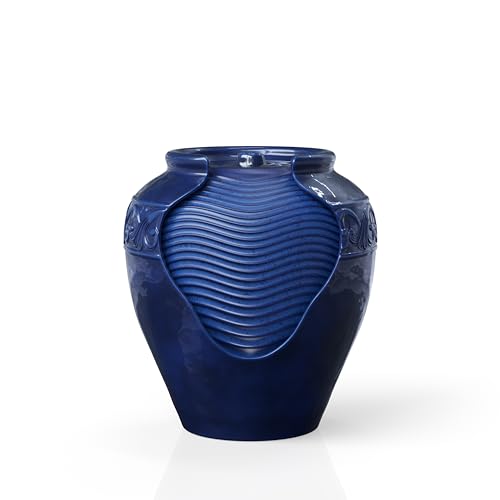16.96 in. Outdoor Glazed Pot Water Fountain with LED Lights