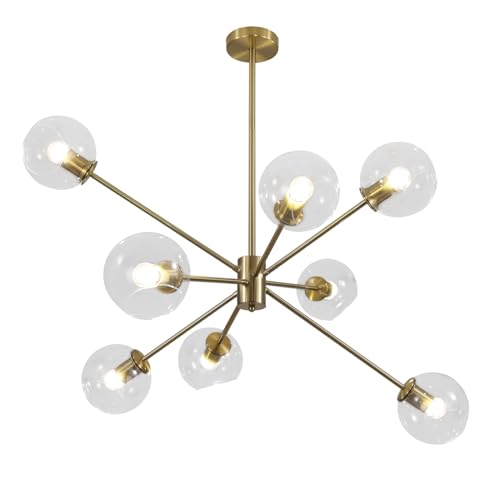 8 Lights Modern Large Gold Globe Sputnik Chandelier Contemporary Clear Glass Ball Bubble Chandelier Lighting Brass Sputnik Hanging Light Fixture Vintage Retro Pendant Lights Kitchen Island