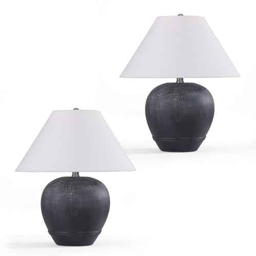 21'' Medium Size Black Glossy Ceramic Base Ceramic Basin Table Lamp Set of 2 for Bedroom (2 Count)