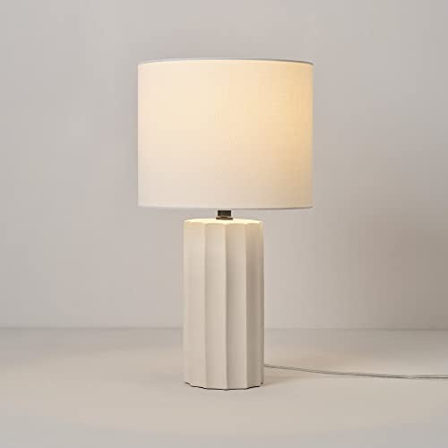 20" Ribbed Concrete Finish Table Lamp with White Linen Shade