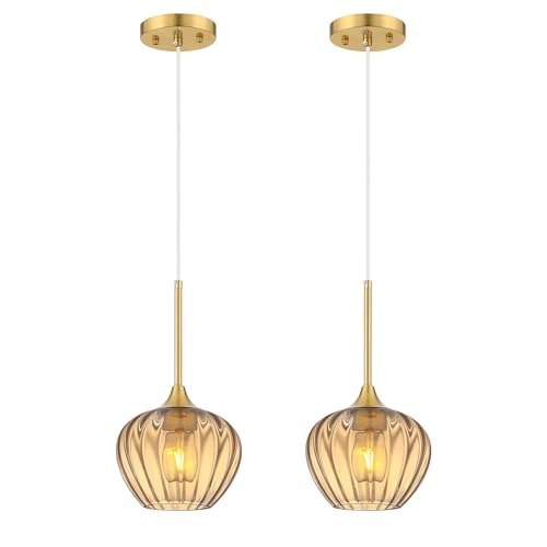2 Pack Amber Glass Pendant Lights Kitchen Island with Brushed Gold FInish (2 Count)