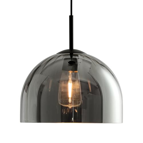 Grey Ribbed Glass Pendant Light Kitchen Island 11.8Inch Large Hanging Lamp