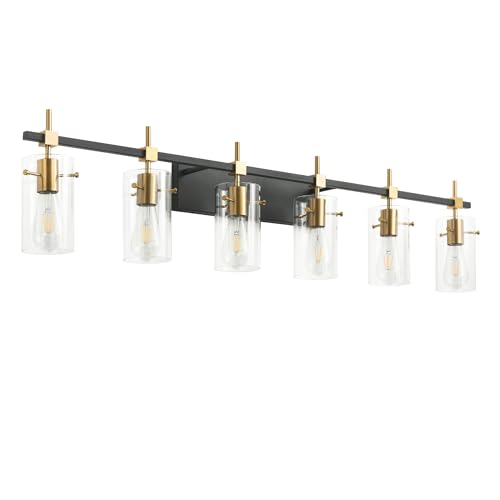 49.2 inch Vanity Light fixtures Vintage 6 Lights Wall Light Fixtures Above Mirror for Bathroom Brass and Black with Clear Glass Shade