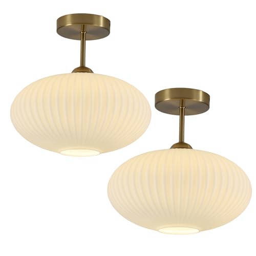 Ribbed Milk Glass Flush Mount Ceiling Light Mid Century Modern Entry Light Fixture White Semi Flush Mount Lights Gold Globe Hallway Ceiling Light (2 Count)