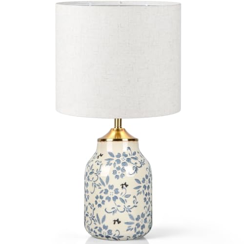 1 Pcs 21" Chinoiserie Blue Ceramic Lamp with Beige Linen Shade