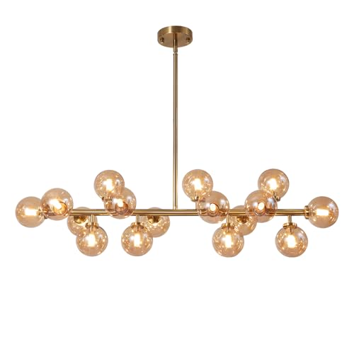 Modern Gold Chandelier Rectangle Pendant Light Ammber Globe Glass Sputnik Chandeliers Hanging Light Fixture 16