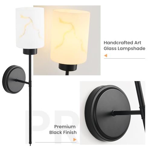 Black Wall Sconces Set of 2 with Marble Glass Shade