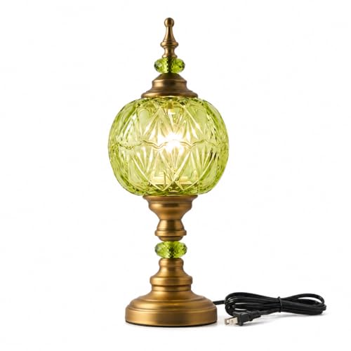 Vintage Glass Green Table Lamp Fixture with E26 Bulb Desk Lights with Plug Switch for Bedroom Living Room Dressing Room