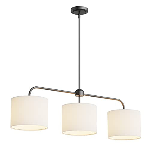 40" W 3 Light White Linen Drum Shade Chandelier with Black Metal Linear Pendant Light Fixture for Kitchen Island