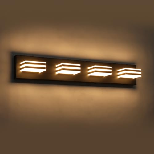 4 Light LED Black Vanity Lights for Bathroom Light Fixtures Adjust 3 Colors Modern Bath Lighing Over Mirror LED Vanity Light 27inch Acrylic Heads (4 Count)