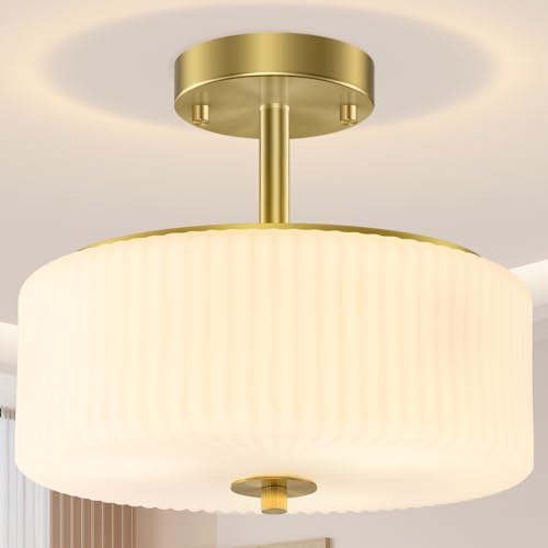 Gold Semi Flush Mount Ceiling Light for Schoolhouse (Gold/Milk)