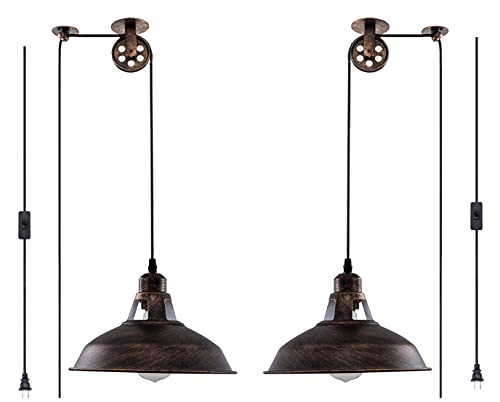 Plug in Pendant Light Industrial Pulley Pendant Lamp E26 Vintage Hanging Light Fixture With 16.4ft Cord On (2 Count)