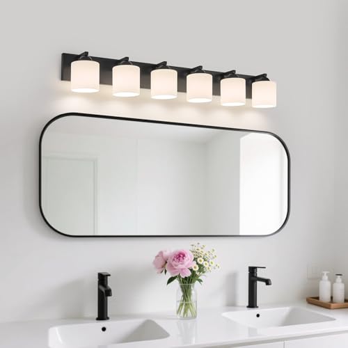 6 Light Black Bathroom Vanity Light with White Glass Shades
