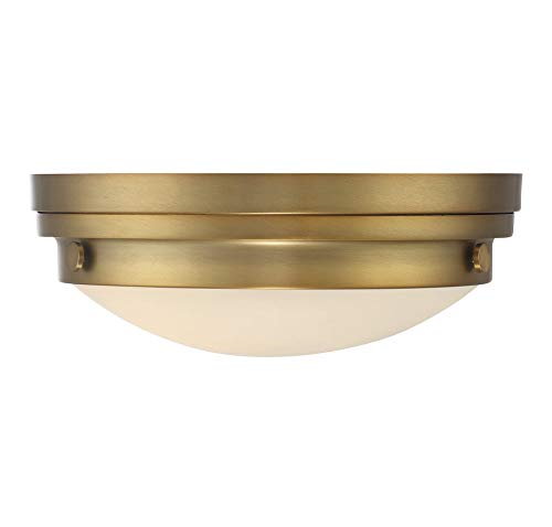 6-3350-14-322 Lucerne Industrial White Glass Flush Mount, 2-Light 120 Total Watts, 5" H x 13" W, Warm Brass