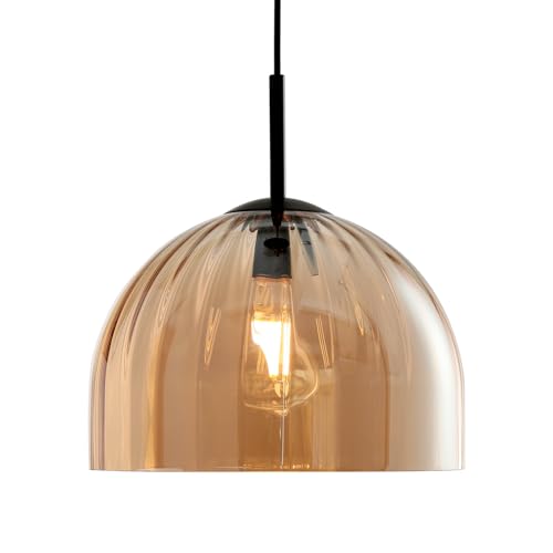 Amber Ribbed Glass Pendant Light Kitchen Island 11.8Inch Black Hanging Lamp