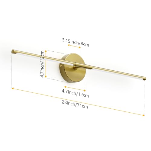 28In Gold Bathroom Vanity Light Fixtures Over Mirror Hardwired ED 360° Rotatable Modern Bathroom Sconces 3000K Warm Light
