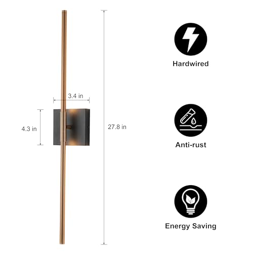 Modern Light Fixture Set of Two 27.8x4.3x3.4in Black and Brass Gold Sconces 1200Lm LED Wall Lights for Bathroom (2 Count)