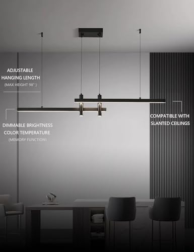 Modern Black Linear Pendant Lights Kitchen Island Lighting Minimalist Led Chandeliers Pool Table Light Dimmable Ceiling Hanging Light Fixture Dining Room with Remote Control