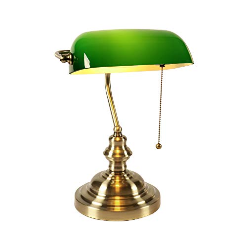 Glass Bankers Desk Lamp with Pull Chain Switch Plug in Fixture