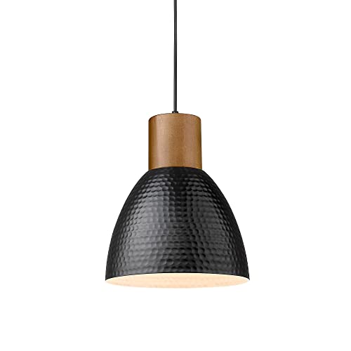 Industrial Hammered Pendant Light 7” Small Solid Wood Hanging Lamp with Hammered Metal Shade