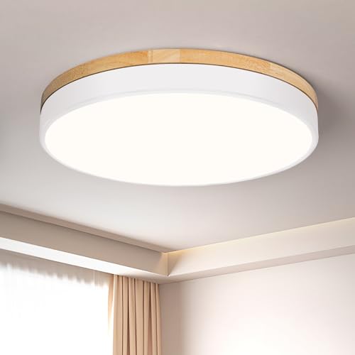 Modern Wood White Flush Mount Ceiling Light 15.75 Inch