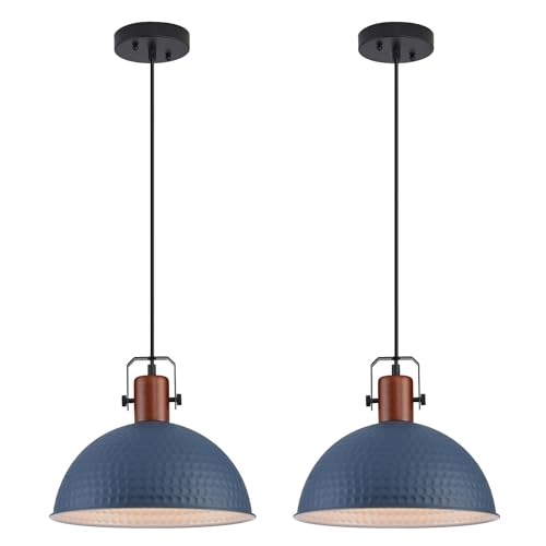 12 Inch Blue Pendant Lights Hammered Matte Pendant Lights for Kitchen Island Industrial Farmhouse Adjustable Height Dome Hanging Light Fixtures for Barn (2 Count)