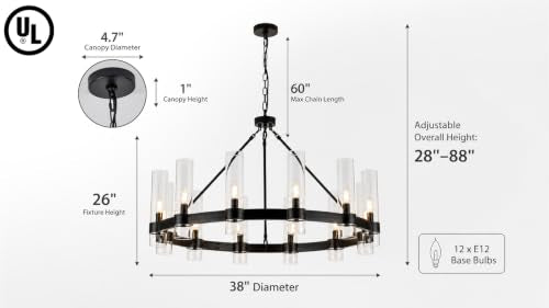 38 Inch Black Wagon Wheel Chandelier with Glass Shade