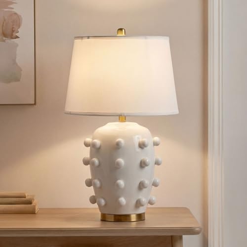 26'' Modern White Ceramic Linden Table Lamp & Fabric Tapered Drum Shade with Brass Base for Living Room