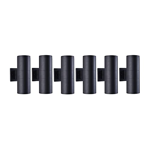 Modern Outdoor Porch Light Patio Light in 2 Lights with Matte Black Aluminum Cylinder and Tempered Glass Cover Waterproof Wall Sconce 6 Pack (6 Count)