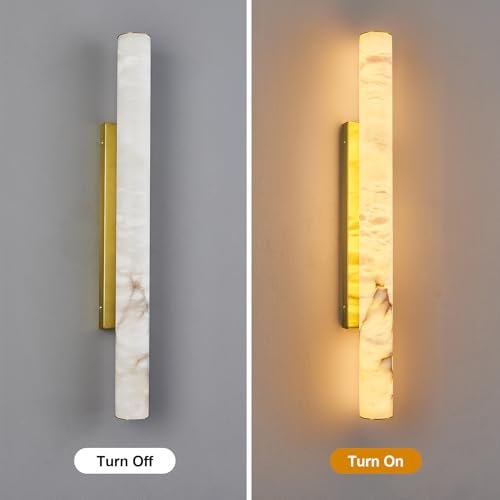 Natural Alabaster Wall Sconces Spanish Marble Wall Light Cylinder Modern Gold LED Sconce for Living Room Bedroom Bathroom Stairs（L