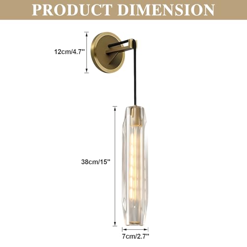 Lighting Modern Luxury Crystal Wall Sconces Brushed Gold Long Wall Lamp 15” Clear Glass Wall Sconce Vintage Antique Brass Wall Lights for Entryway Bedroom Stairway