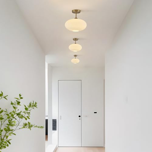 Ribbed Milk Glass Flush Mount Ceiling Light Mid Century Modern Entry Light Fixture White Semi Flush Mount Lights Gold Globe Hallway Ceiling Light (2 Count)