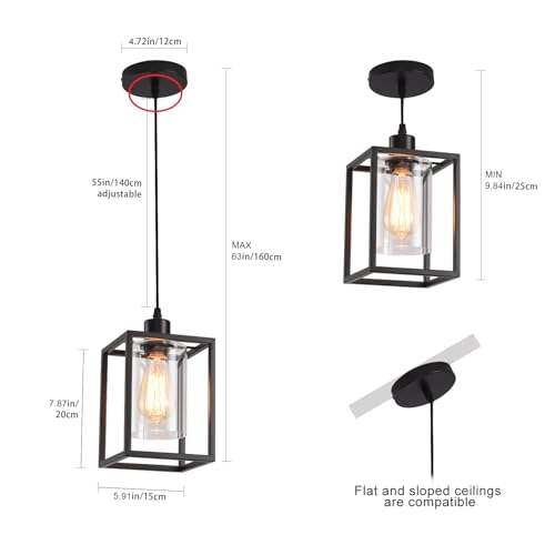 3 Pack Black Pendant Lights for Kitchen Island Industrial Lantern Pendant Light Fixtures with Clear Glass Shade (3 Count)