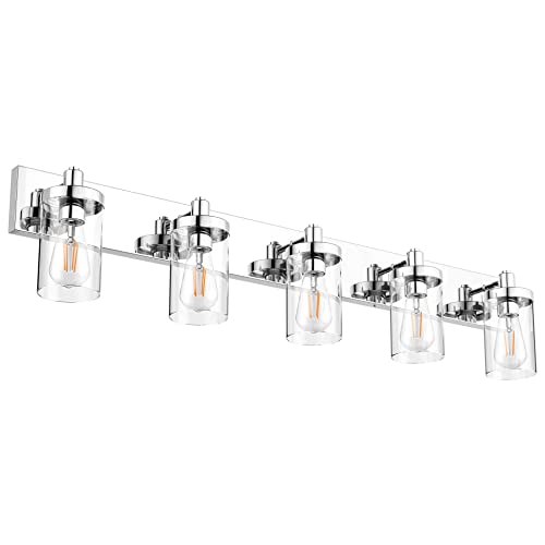 Chrome Bathroom Light Fixtures 5 Light Bathroom Vanity Light Stainless Steel with Clear Glass Shade